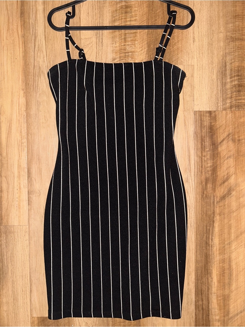 SHEIN Black Mini Dress with White Pinstripes and Thin Straps